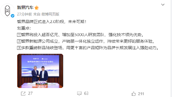 智界宣布品牌进入2.0阶段：将投入超百亿元、增加至5000人研发团队、产销服一体化独立运作