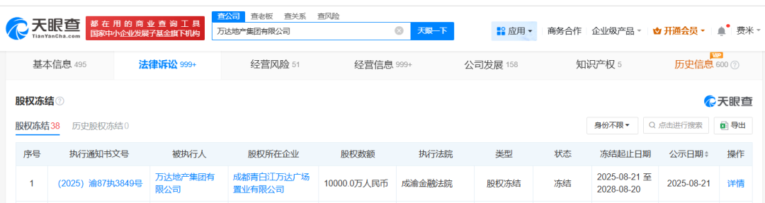 突发！万达地产被冻结1亿股权，期限为三年