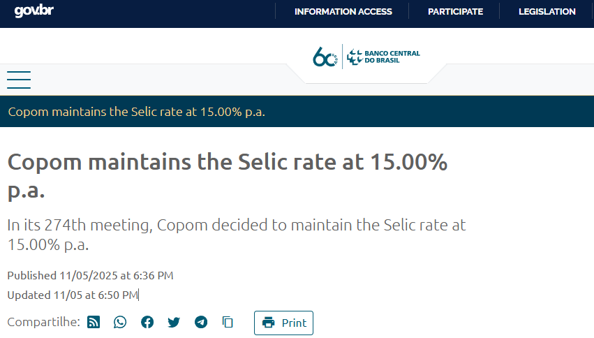 巴西央行刚宣布，不降息！